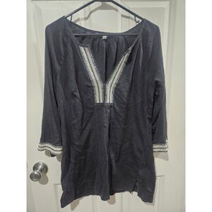 Athleta Black Cotton Gauze Embroidered V-Neck Tunic‎ Top 3/4 Sleeve 983397  M
